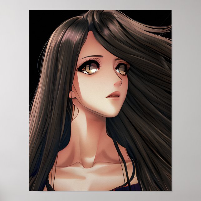 Brunett Animeflicka med Bruna Ögon   Poster (Framsidan)
