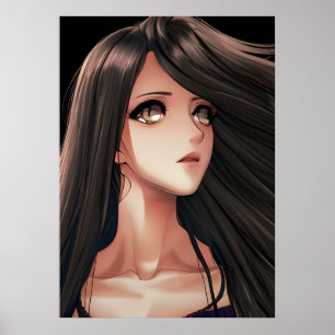 Brunett Animeflicka med Bruna Ögon Poster