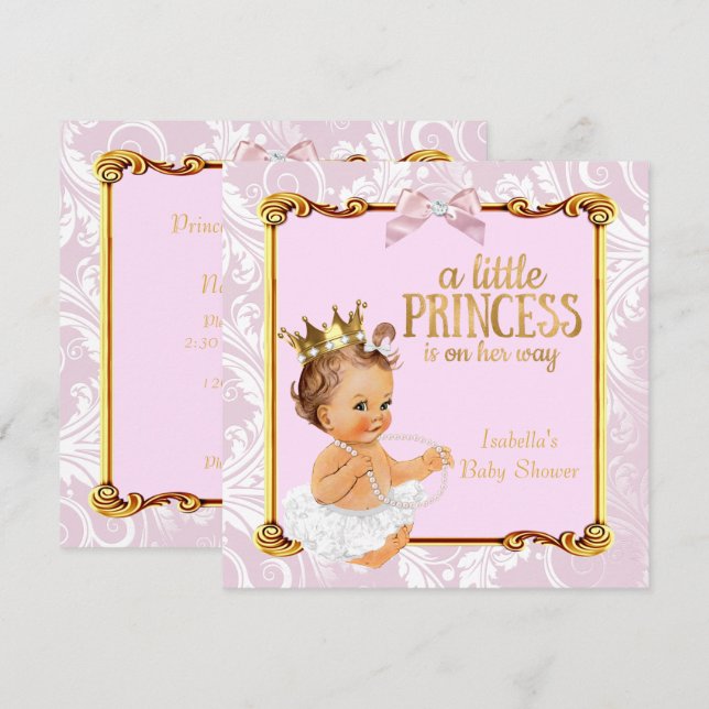Brunett Baby Prinsessa Barnkal Vit Rosa Guld Inbjudningar (Fram/baksida)