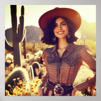 Brunett cowgirl i cowboyhatt i öknen poster