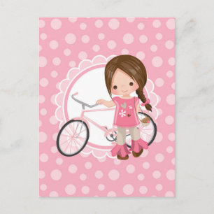 Brunett cykelflicka - rosa vit vykort