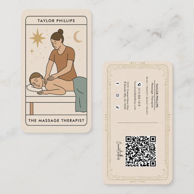 Brunett Massage Terapeut Tarot Sociala Media QR Visitkort (Fram/baksida)
