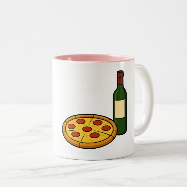 Brunett njuter av vin och pizza Två-Tonad mugg (Framsida höger)