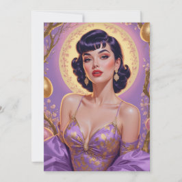 Brunett Pin-Up Påskägg Guld och Lila Julkort