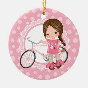 Brunettcykelflicka - rosa vit julgransprydnad keramik