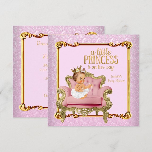 Brunette Baby Princess Baby Shower Rosa Guld Ordfö Inbjudningar (Fram/baksida)