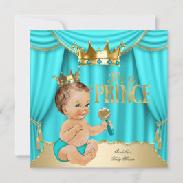Brunette Baby Shower Prince Aqua Blue Guld Krona Inbjudningar