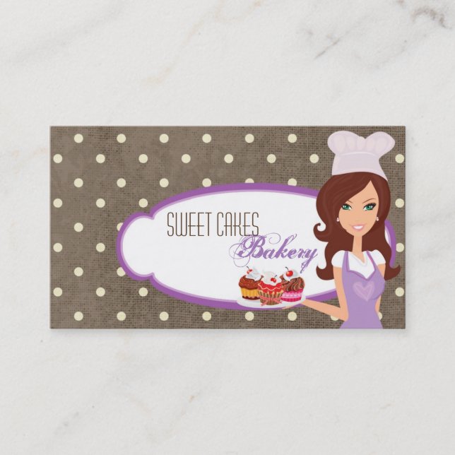 Brunette Baker vid Lila Kopp Cakes Affärskort Visitkort (Framsida)