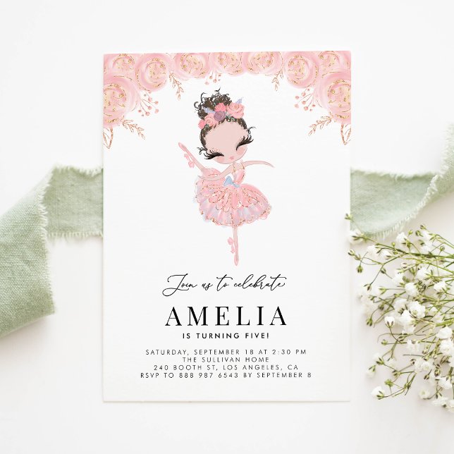 Brunette Ballerina i Rosa Dress Blommigt Birthday Inbjudningar (Skapare uppladdad)