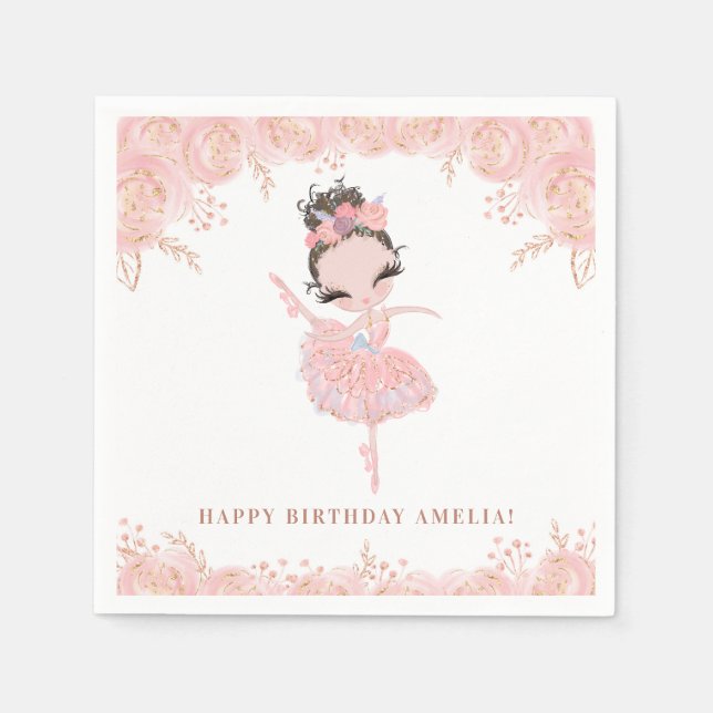 Brunette Ballerina i Rosa Dress Blommigt Birthday Pappersservett (Framsidan)