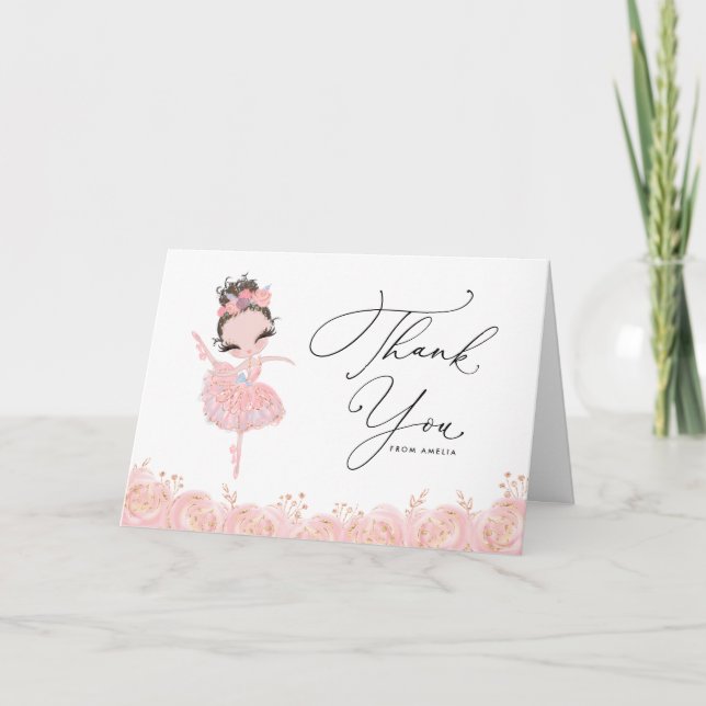 Brunette Ballerina i Rosa Dress Blommigt Birthday Tack Kort (Framsida)