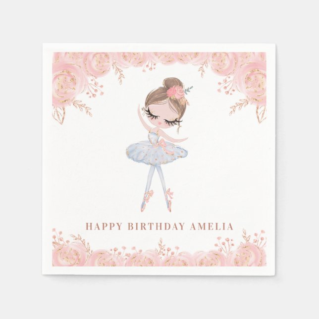 Brunette Ballerina i White Dress Blommigt Birthday Pappersservett (Framsidan)
