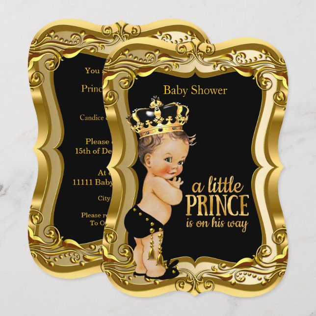 Brunette Boy Baby Shower Black Guld Inbjudningar (Fram/baksida)