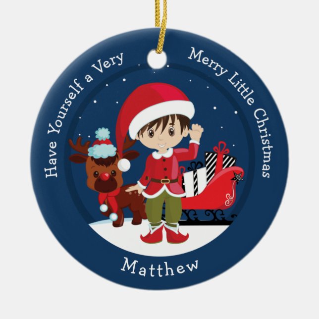 Brunette Boy Elf Julgransprydnad Keramik (Framsidan)