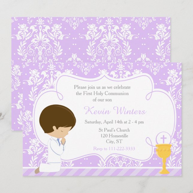 Brunette Boy First Communion Damask Inbjudningar (Fram/baksida)