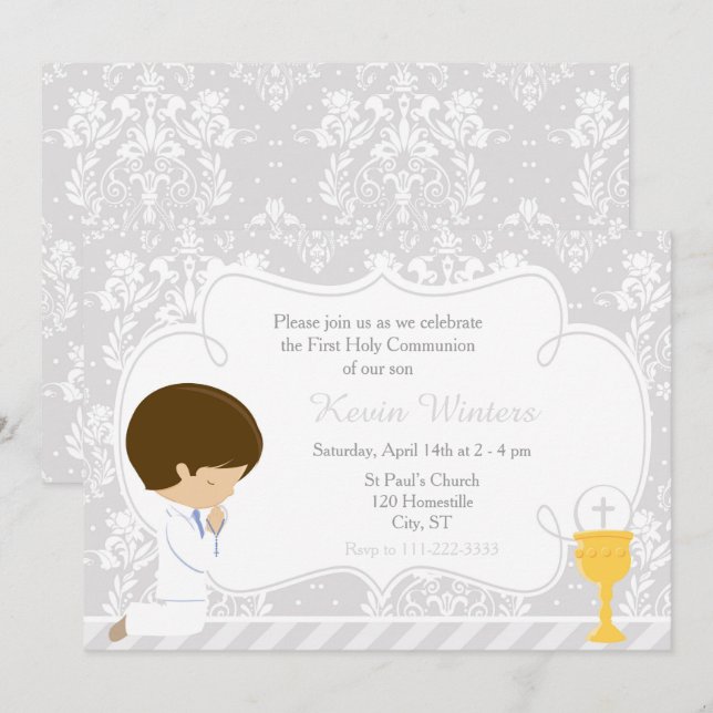 Brunette Boy First Communion Damask Inbjudningar (Fram/baksida)