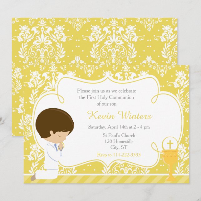 Brunette Boy First Communion Damask Inbjudningar (Fram/baksida)