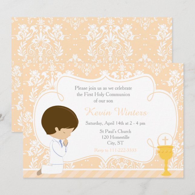 Brunette Boy First Communion Damask Inbjudningar (Fram/baksida)