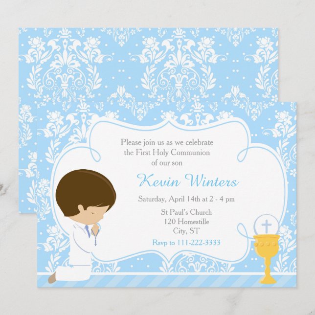 Brunette Boy First Communion Damask Inbjudningar (Fram/baksida)