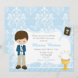 Brunette Boy First Communion Damask Inbjudningar