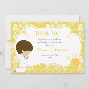 Brunette Boy First Communion Damask Tack Kort