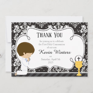 Brunette Boy First Communion Damask Tack Kort