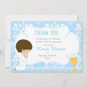 Brunette Boy First Communion Damask Tack Kort