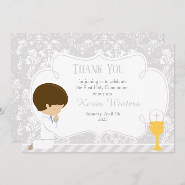Brunette Boy First Communion Damask Tack Kort (Fram/baksida)