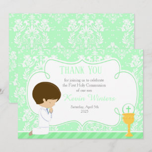 Brunette Boy First Communion Damask Tack Kort