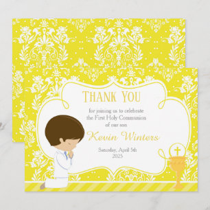 Brunette Boy First Communion Damask Tack Kort