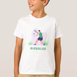 Brunette Boy Tennis Player Grönt Grass & Kids Namn T Shirt