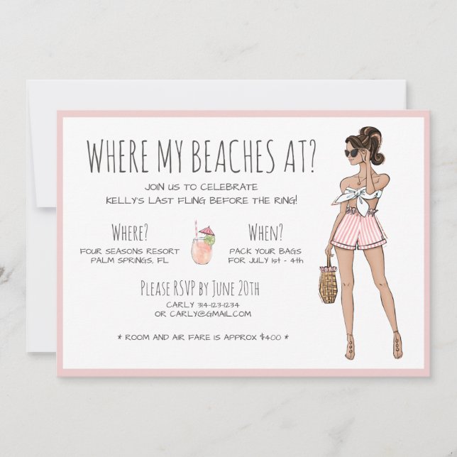 Brunette Bride Bachelorette Beach Party Helg Inbjudningar (Framsida)