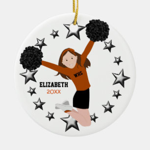 Brunette Cheerleader Pom Poms in Orange & Black Julgransprydnad Keramik