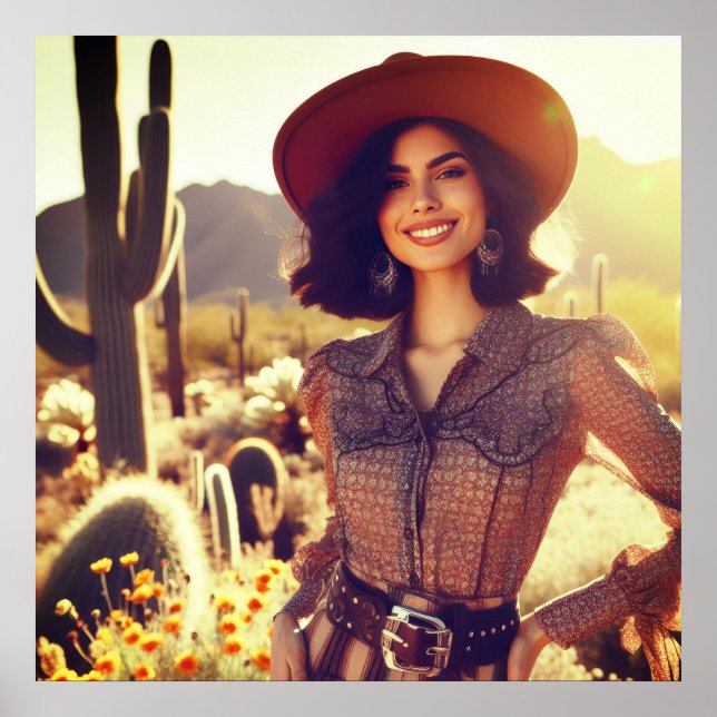 Brunette Cowgirl in Cowboy Hat in the Desert Poster (Framsidan)