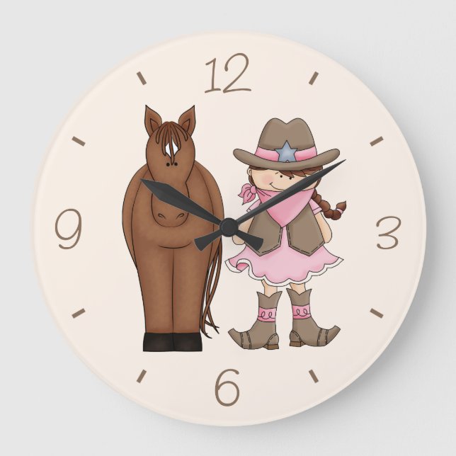 Brunette Cowgirl och Horse Wall Clock Stor Klocka (Framsida)