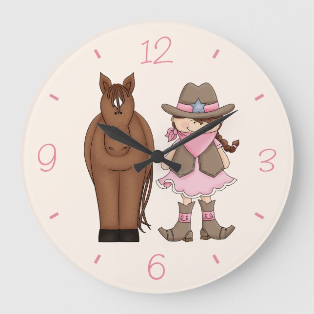 Brunette Cowgirl och Horse Wall Clock Stor Klocka (Framsida)