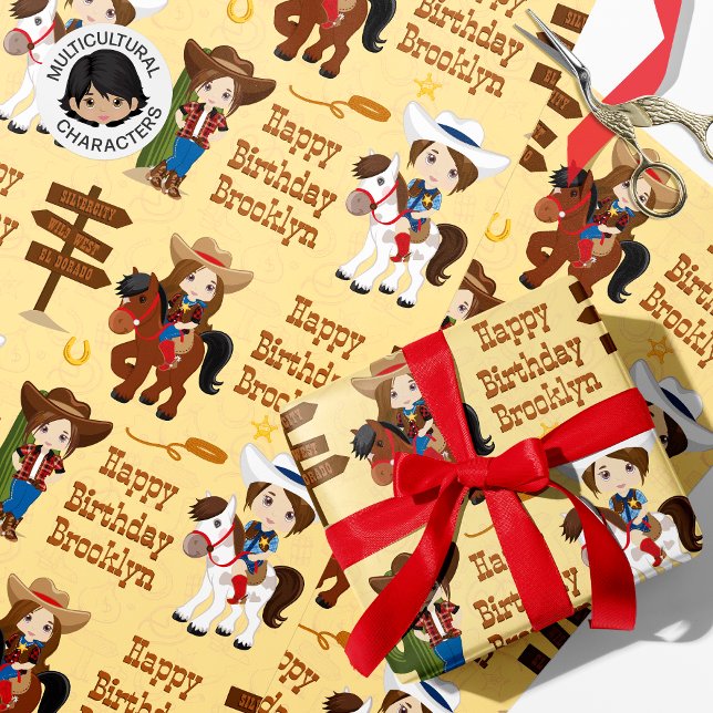 Brunette Cowgirl Personalized Wrapping Paper Presentpapper (Skapare uppladdad)