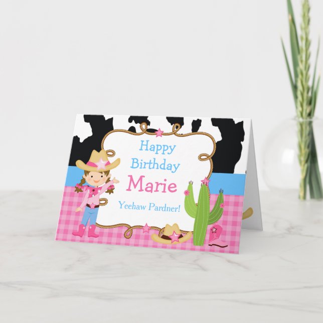 Brunette Cowgirl Western Födelsedagsfest Kort (Framsida)