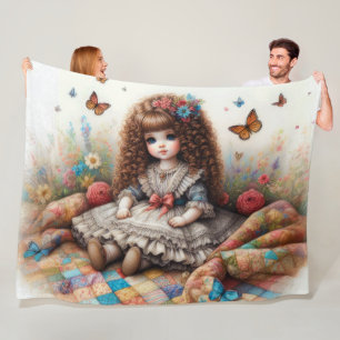Brunette Curly Hved Doll on Quilt Fleecefilt