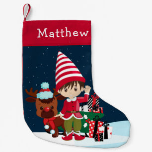 Brunette Elf Boy med Rudolph Liten Julstrumpa
