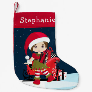 Brunette Elf Girl med julklapp Liten Julstrumpa