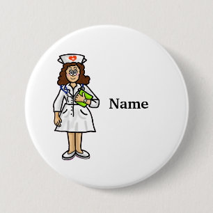 Brunette Female Nurse Button Add Namn! Knapp