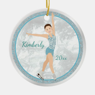 Brunette Figur Skater i Aqua Julgransprydnad Keramik