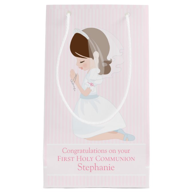Brunette First Communion Girl Small Gift Bag (Framsidan)