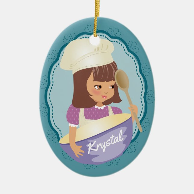 Brunette-flickkocken baker personlig Jul Julgransprydnad Keramik (Framsidan)