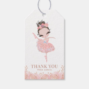 Brunette Girl Ballerina i Rosa Dress Birthday Presentetikett