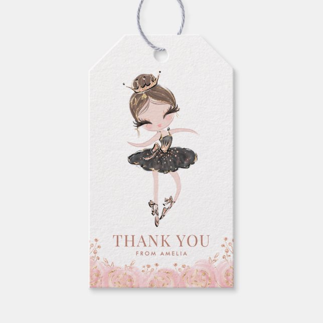 Brunette Girl Ballerina in Black Dress Birthday Presentetikett (Framsidan)