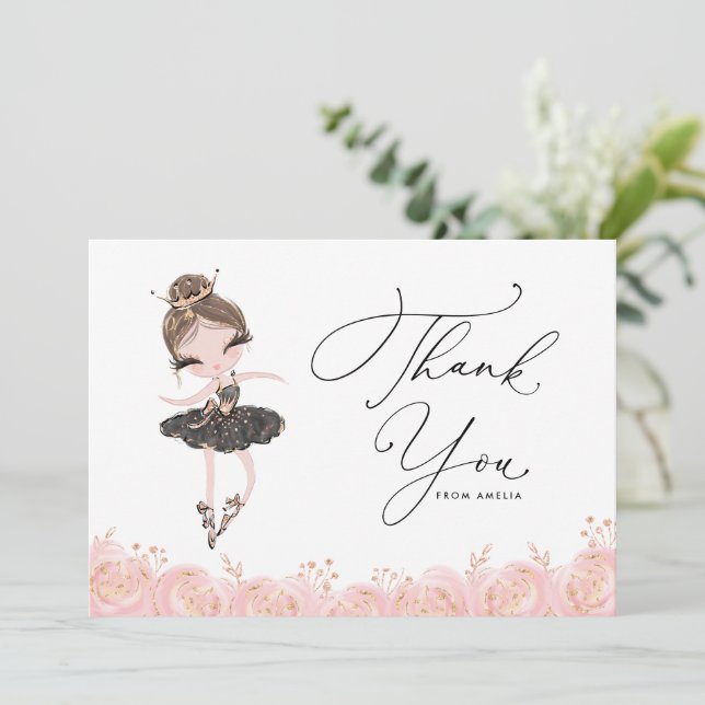 Brunette Girl Ballerina in Black Dress Birthday Tack Kort (Stående Fram)