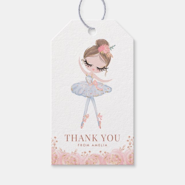Brunette Girl Ballerina in White Dress Birthday Presentetikett (Framsidan)