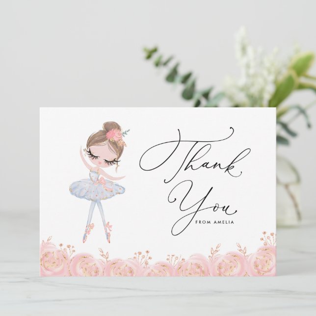 Brunette Girl Ballerina in White Dress Birthday Tack Kort (Stående Fram)